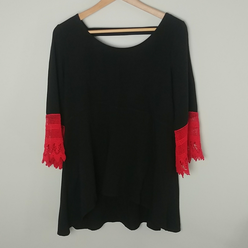 JM Clothing Black And Orange High Low Open Back Lace Sleeves Blouse